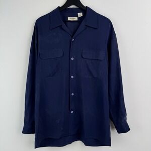 VTG Equipment Silk Shirt Mens L Navy Textured Camp Collar Vacation Long Sleeve